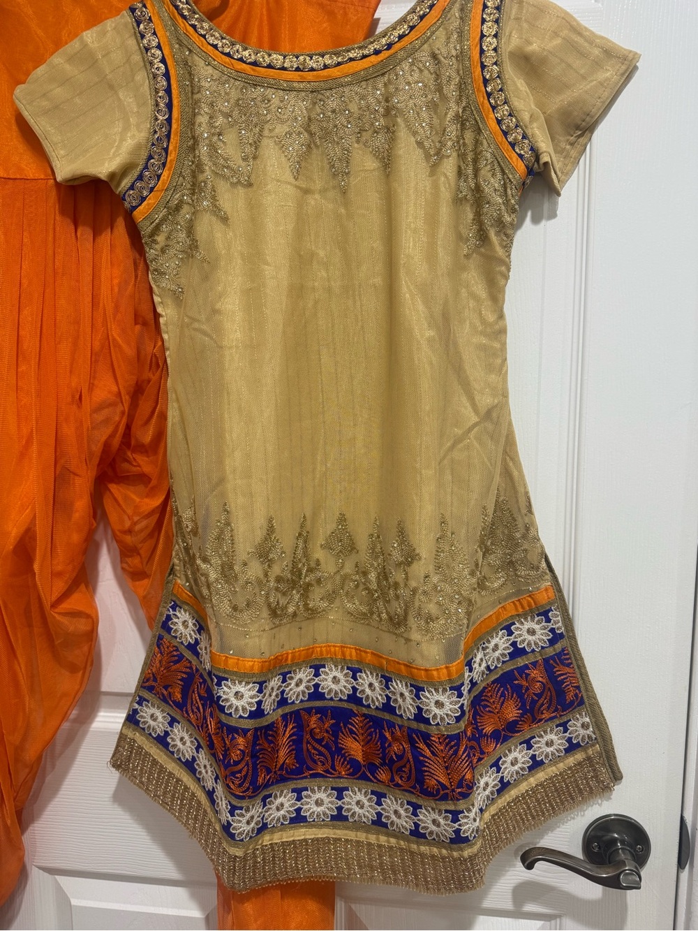 Ethnic Indian Wear Gold Dress with Blue and Orange Accents